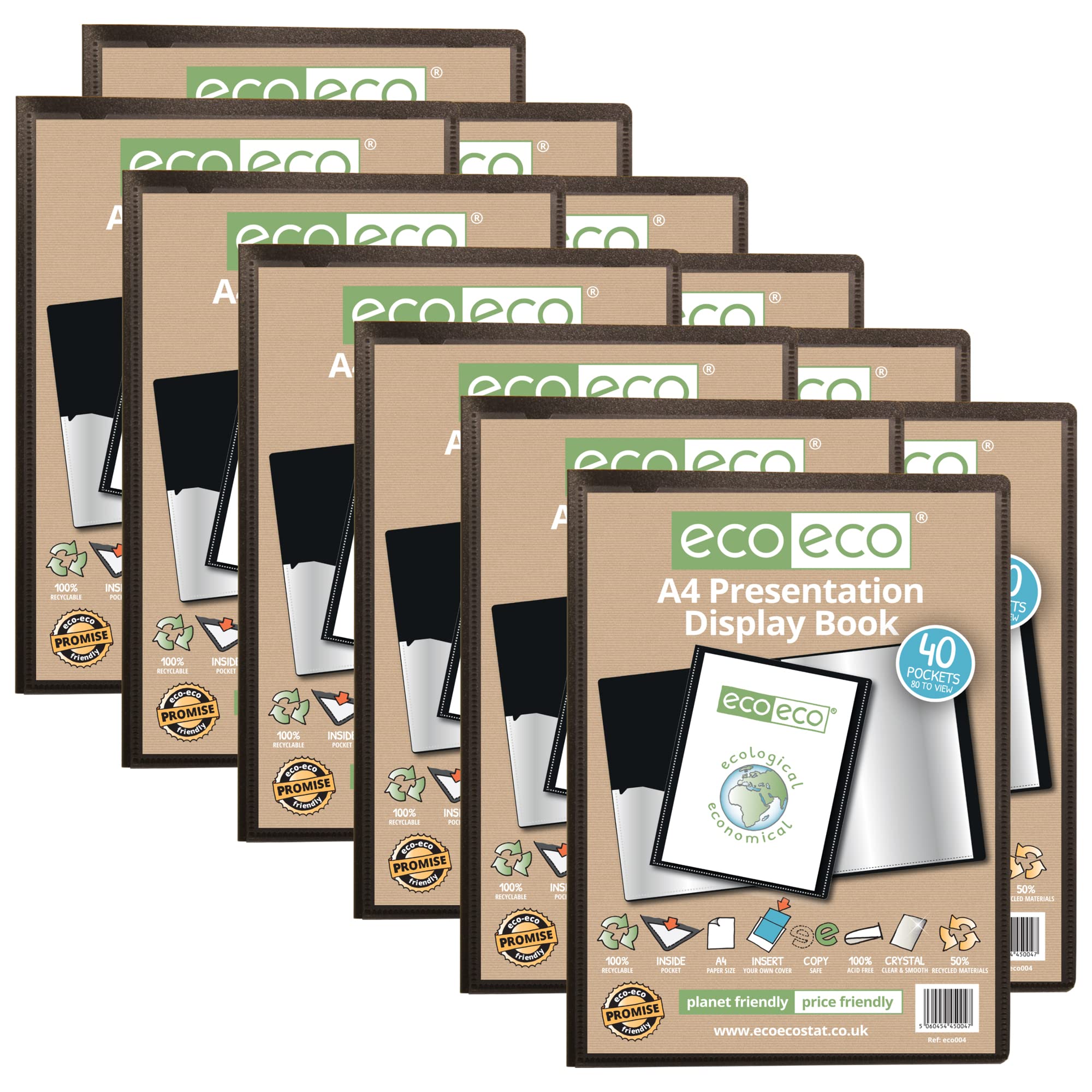 eco-eco A4 50% Recycled 40 Pocket Presentation Display Book Folder (Pack of 12), eco004x12