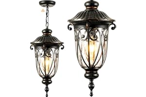 VIANIS Dusk to Dawn Outdoor Hanging Lights, Large Bronze Vintage Outdoor Pendant Light, Waterproof with Seed Glass, Anti-Rust Adjustable Length Chandelier, Porch Ceiling Light for Yard, Doorway
