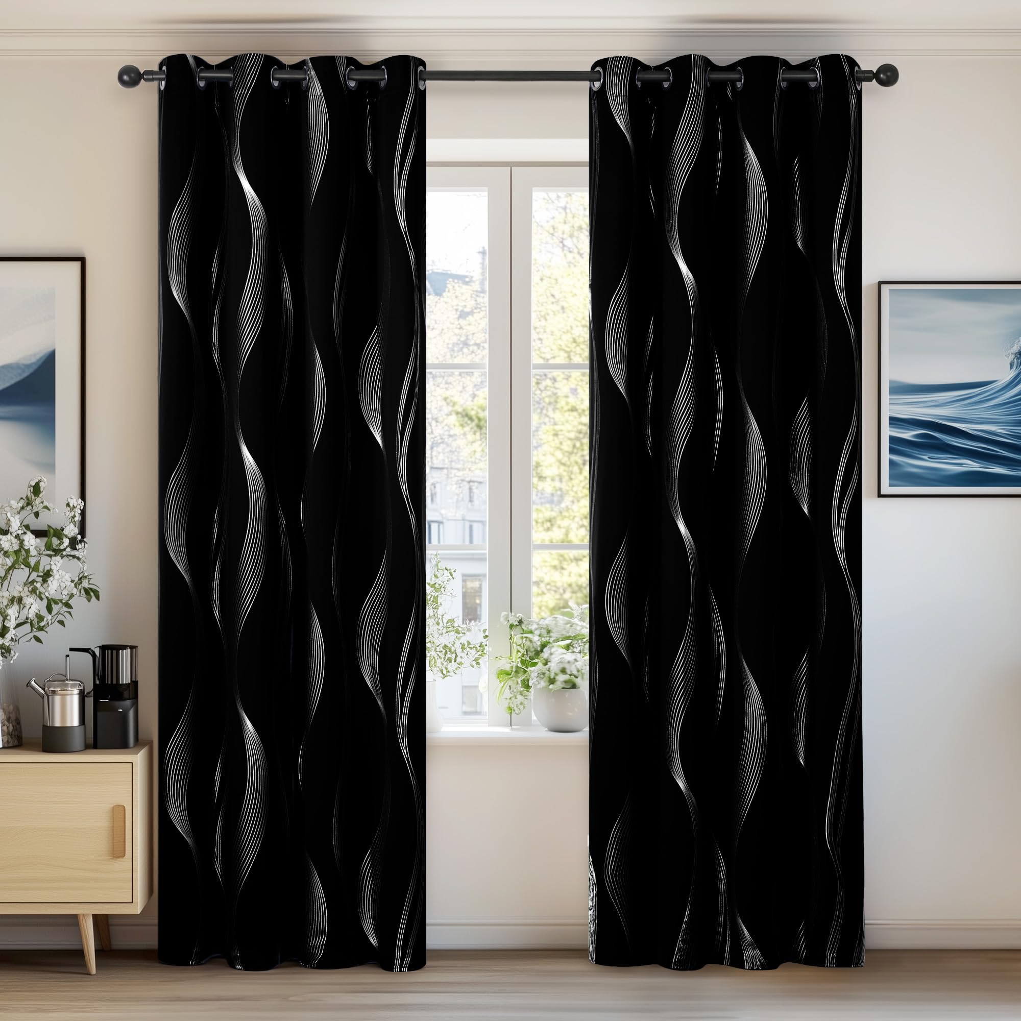 Deconovo Curtains 90 Drop Super Soft Wave Line Foil Printed Thermal Insulated Blackout Curtains Window Treatment Eyelet Curtains for Children 52 x 90 Inch Black Two Panels