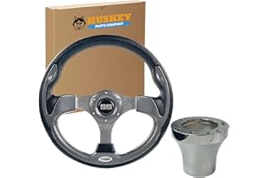 HUSKEY PARTS COMPANY Huskey 12.5 Inch Carbon Fiber Racing Style Golf Cart Steering Wheel for EZGO 1994.5-Up Gas & Electric Models, SS Center Logo, Brushed Aluminum Spokes and textured black Anti-Slip Grip…