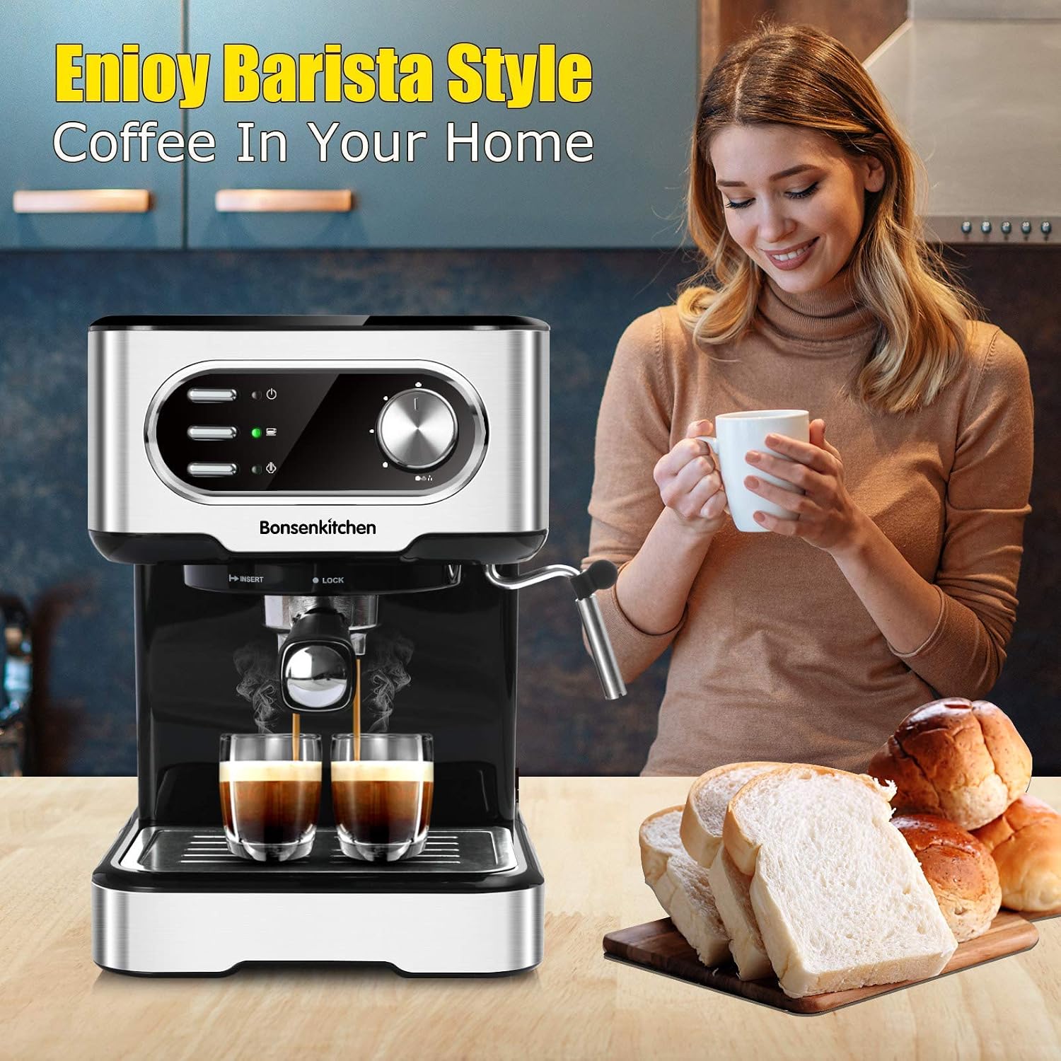 Cafeteras Cafeteras para espresso Bonsenkitchen Cafetera Expresso y  Capuccino Vaporizador Orientable 15 BAR de presión ModoAuto 1 y 2 Cafés 850  W depósito 1,5 L delifoods-delivery.ch