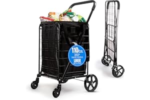 SereneLife Large Folding Utility Shopping Cart with Removable Liner – Heavy Duty, 360° Swivel Wheels, 110 lb Capacity, Portable for Groceries, Laundry, Luggage, and More (Black)