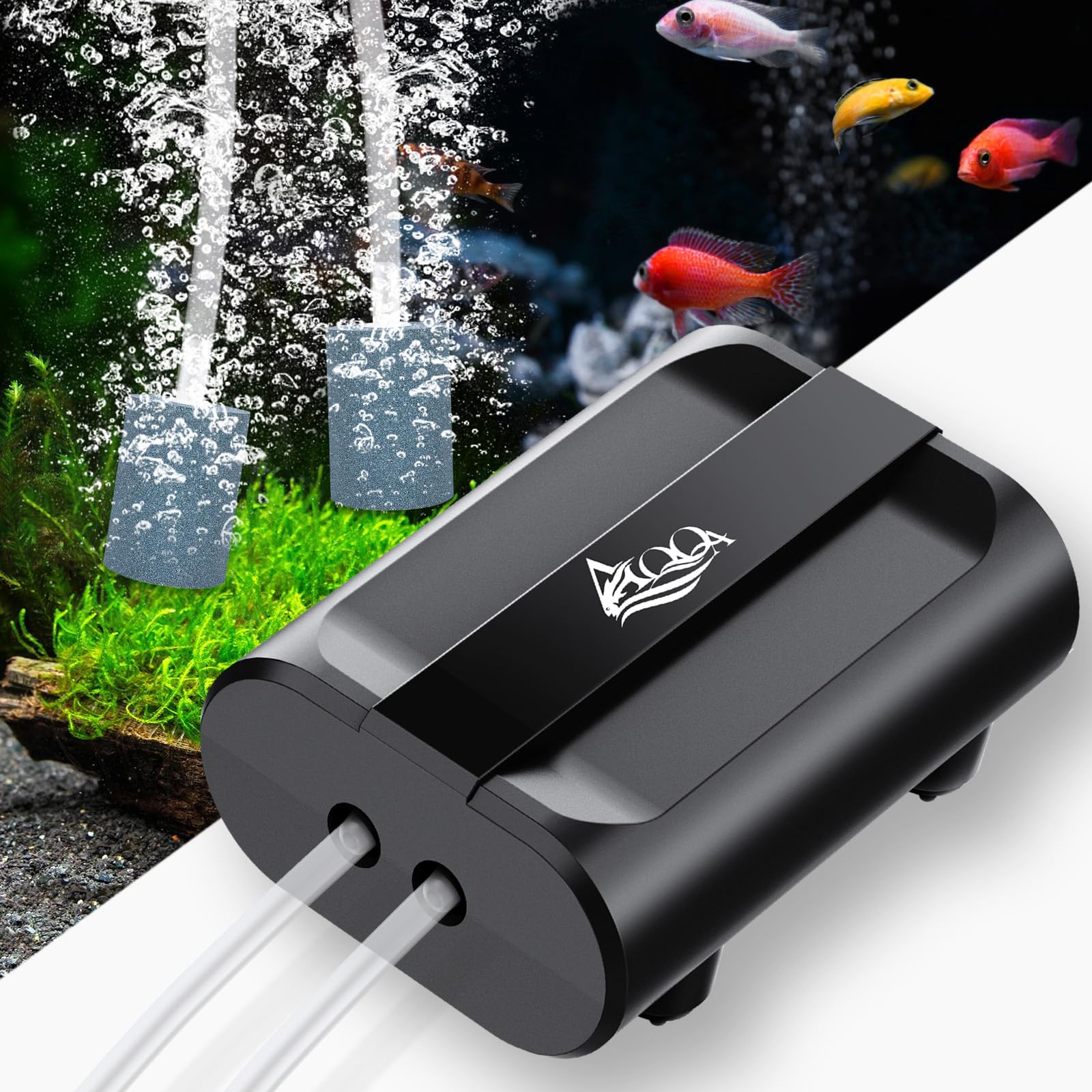 AQQA Powerful Aquarium Air Pump,Dual Outlets Fish Tank Air Pump,5W Adjustable Aquarium Oxygen Pump,Silent Oxygen Aerator Pump with accessories up to 800L
