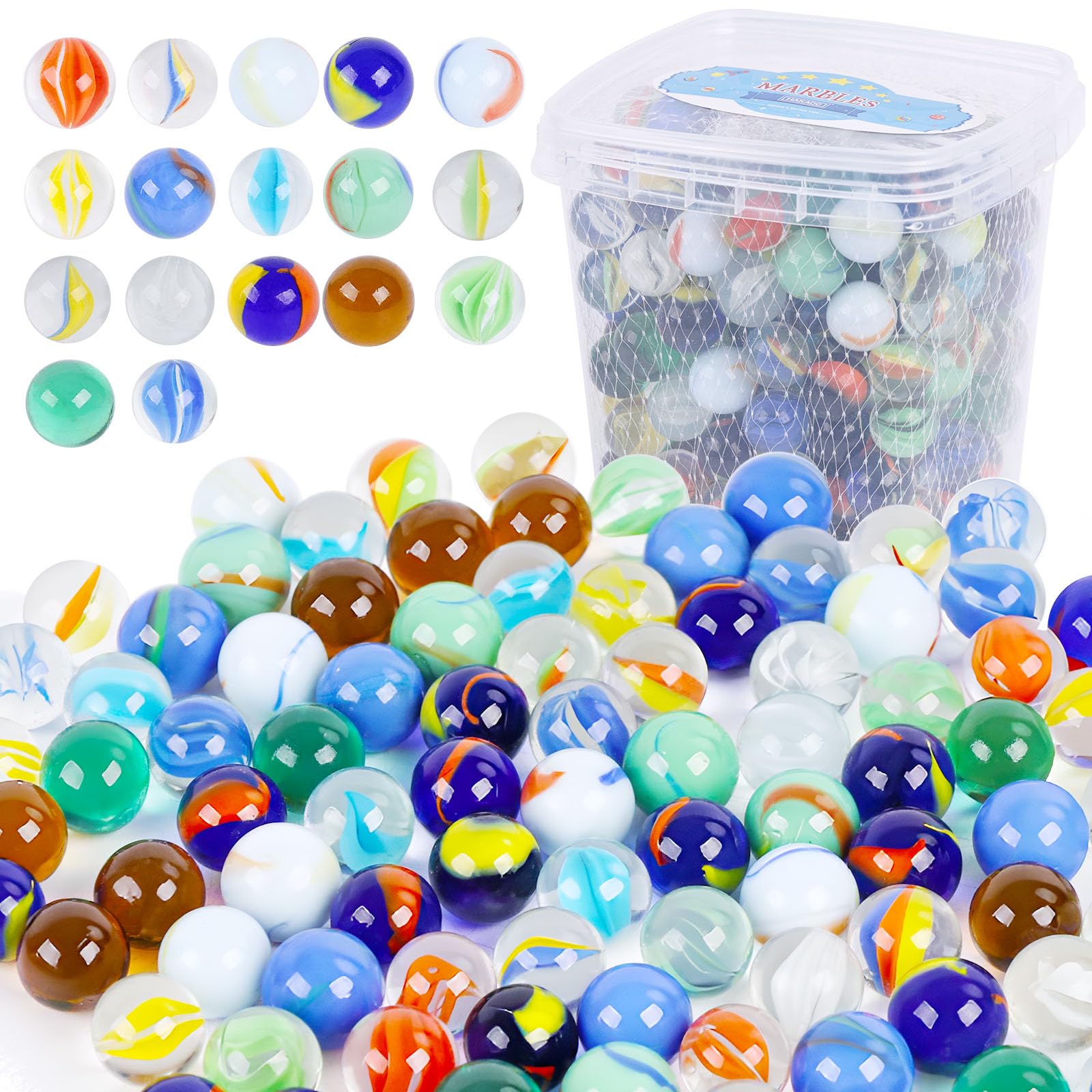 HAKACC 240-250PCS Glass Marbles with Bucket, Assorted Round Marbles Variety of Patterns Bulk for Kids DIY Vase Fillers