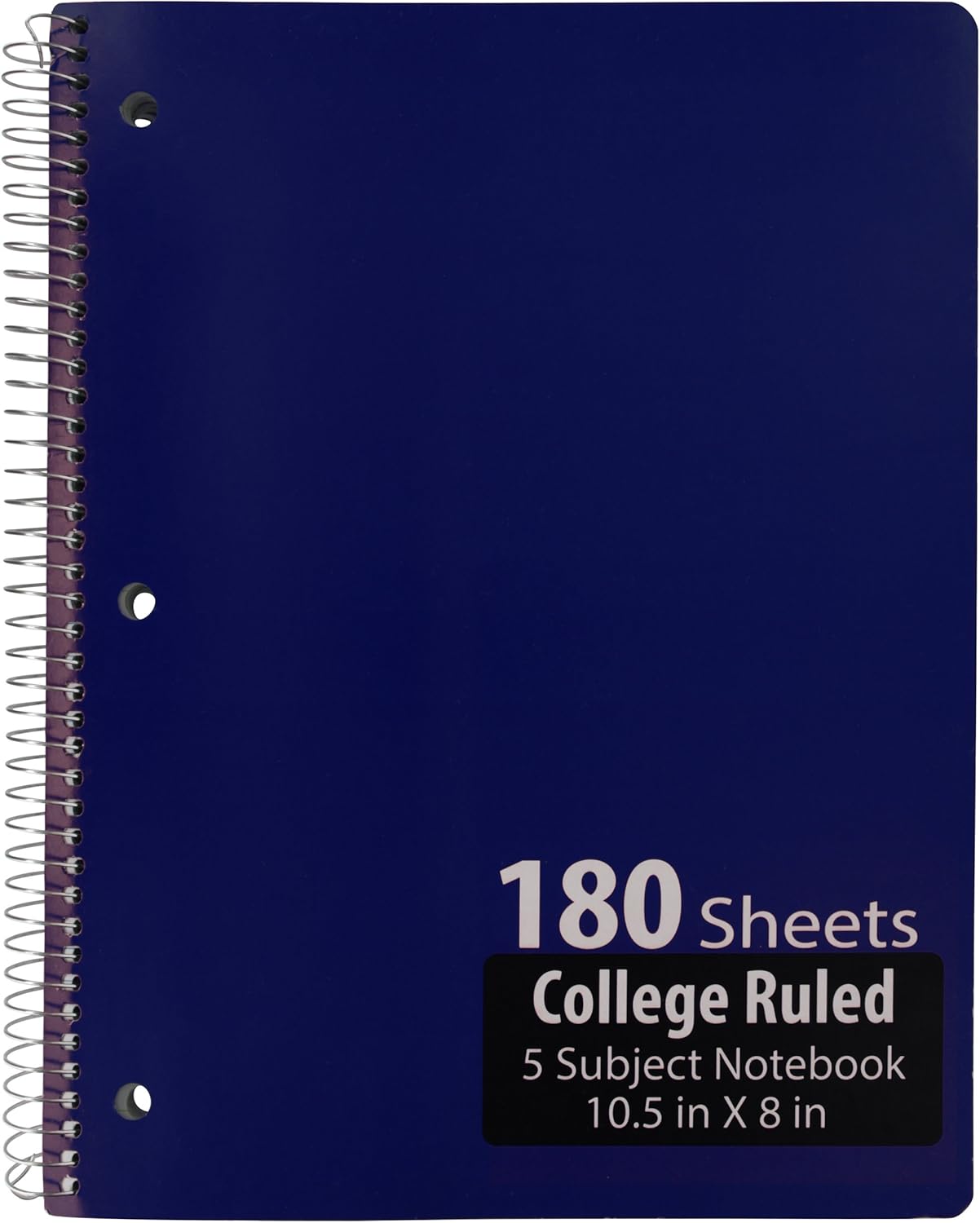 Emraw 5 Subject Notebook Spiral with 180 Sheets of College Ruled White Paper - Set Includes: Red, Black, Purple, Blue Covers (Random 3 Pack) : Office Products