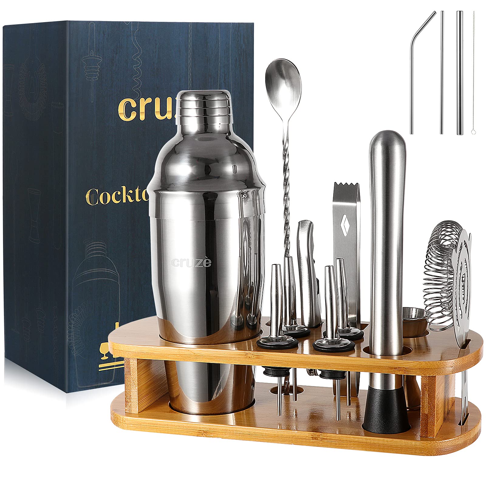 Cocktail Shaker Kit 12 Piece with Stand as Used by Professional Bartenders. The Silver Stainless Steel Comes with a Boston Shaker 750ml. Complimentary Straw kit, Ready for Your Favourite Drinks.