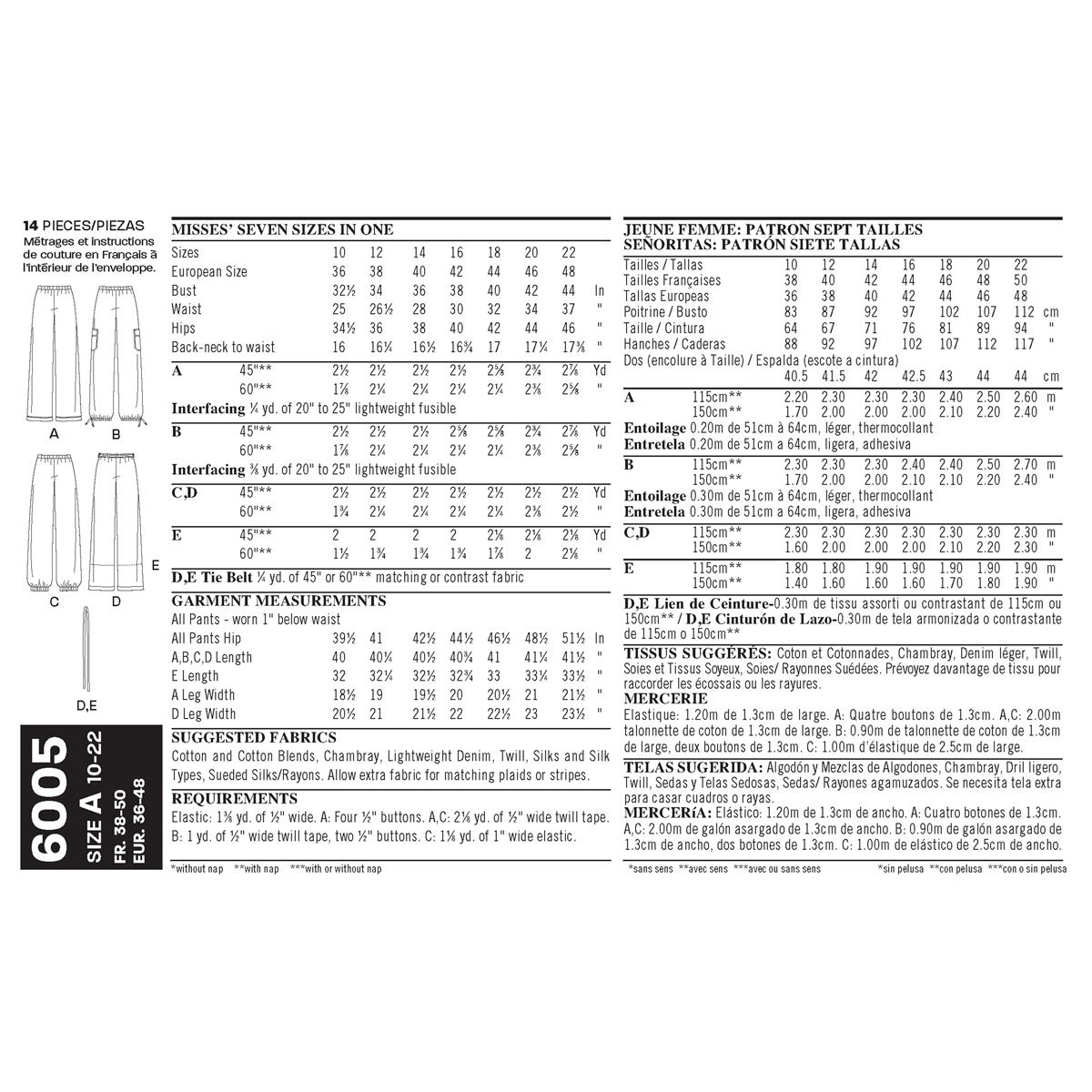 New Look Sewing Pattern 6005 Misses' Pants, Size A (10-12-14-16-18-20-22), White