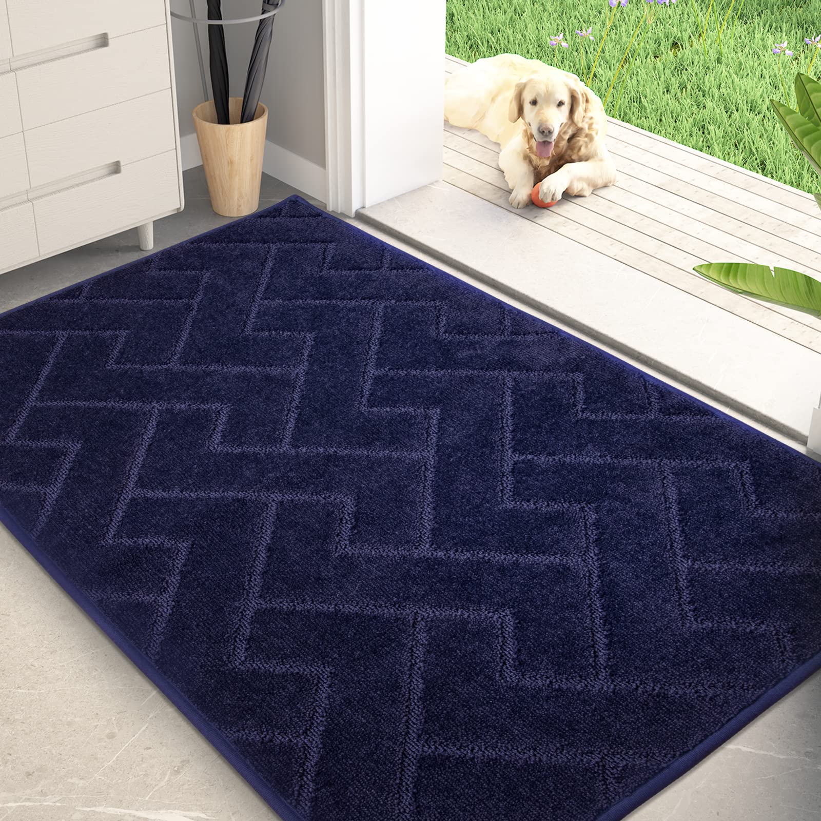 PURRUGS Dirt Trapping Door Mat 32" x 47", Non-Slip Machine Washable Entry Rug, Dog Doormat, Indoor Front Door Mat, Super Absorbent Entryway Rug for Muddy Shoes & Paws, Midnight Blue