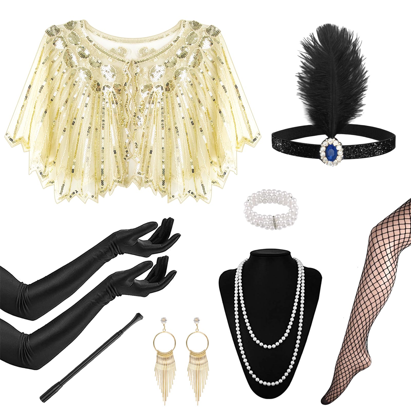1920s Flapper Great Gatsby Accessories Set,Roaring 20's Theme Set with Shawl Headband Long Gloves Necklace Earrings Handheld Prop,1920s Flapper Costume Vintage Accessories for Women Ladies (Style 3)