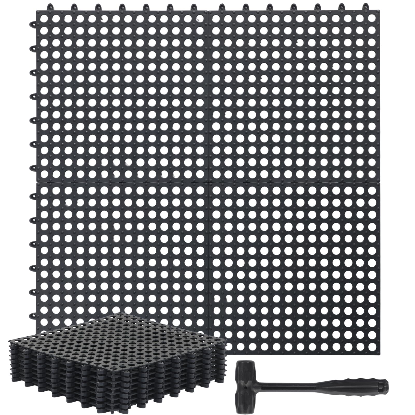 Photo 1 of Drydiet 12 Pack Drainage Tiles Modular Interlocking Floor Tiles with 1 Pc Plastic Hammer 12" x 12" Cushion Mat Non Slip Rubber Floor mat with Holes for Pool Bathroom Deck Kitchen Patio (Black)