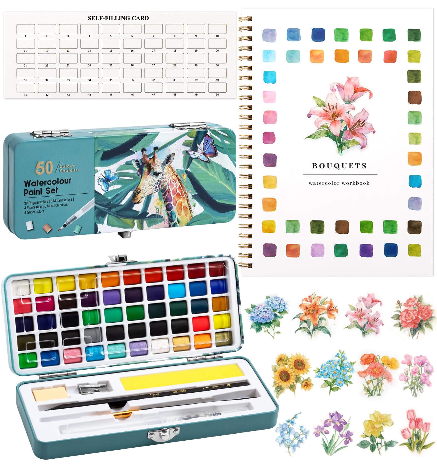 Photo 1 of ***MISSING PARTS*** Watercolor Workbook, Water Coloring Book, 12 Different Patterns of Original DIY Designs, 50 Colors Watercolor Paint Set with Palette and Brush, Beginner-Friendly Watercolor Workbooks (Bouquets)
