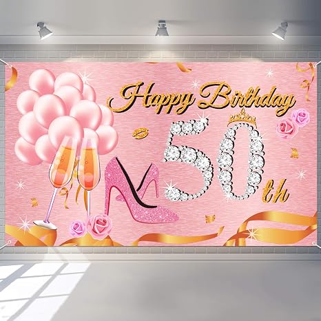 Amazon Com Rose Gold 50th Birthday Background Large Pink 50th Anniversary Banner Poster For 50th Party Decoration Carnival Theme Party Photo Booth Backdrop For Large Party Decoration For Woman Kitchen Dining