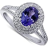 KOKAV Oval Genuine Tanzanite 1-3/8ct 14K White Gold with Double Diamond Halo Ring-7