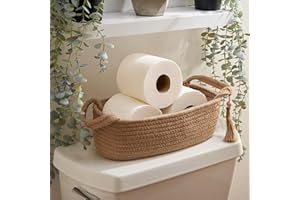 KIBAGA Decorative Toilet Paper Basket – Beautiful Bathroom Organizer for Toilet Tank Storage Decor – Boho Jute Cotton Rope Bin with Tassel for Bathroom Accessories and as Shelf Decor