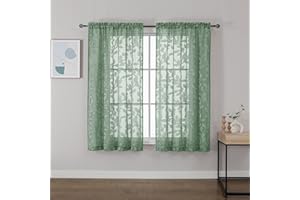 OVZME Sage Green Sheer Curtains 54 inches Long 2 Panels for Living Room, Jacquard Clip Leaf Pattern Textured Light Filtering Window Semi Sheer Voile Drapes for Bedroom, Each Panel 42 x 54 Inch