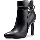 IDIFU Women's Dana Pointed Toe Stiletto High Heels Ankle Booties Side Zipper Short Boots with Metal Buckle
