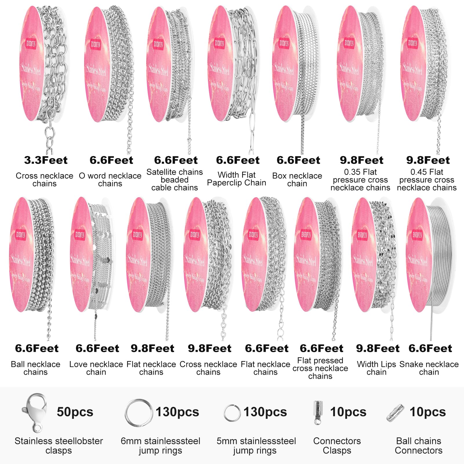 Necklace Chains for Jewelry Making, 111.5 Feet 15 Rolls Stainless Steel Jewelry Chains for DIY Necklace Bracelet Jewelry Making Accessories with Stainless Steel Jump Rings/Lobster Clasps/Connectors