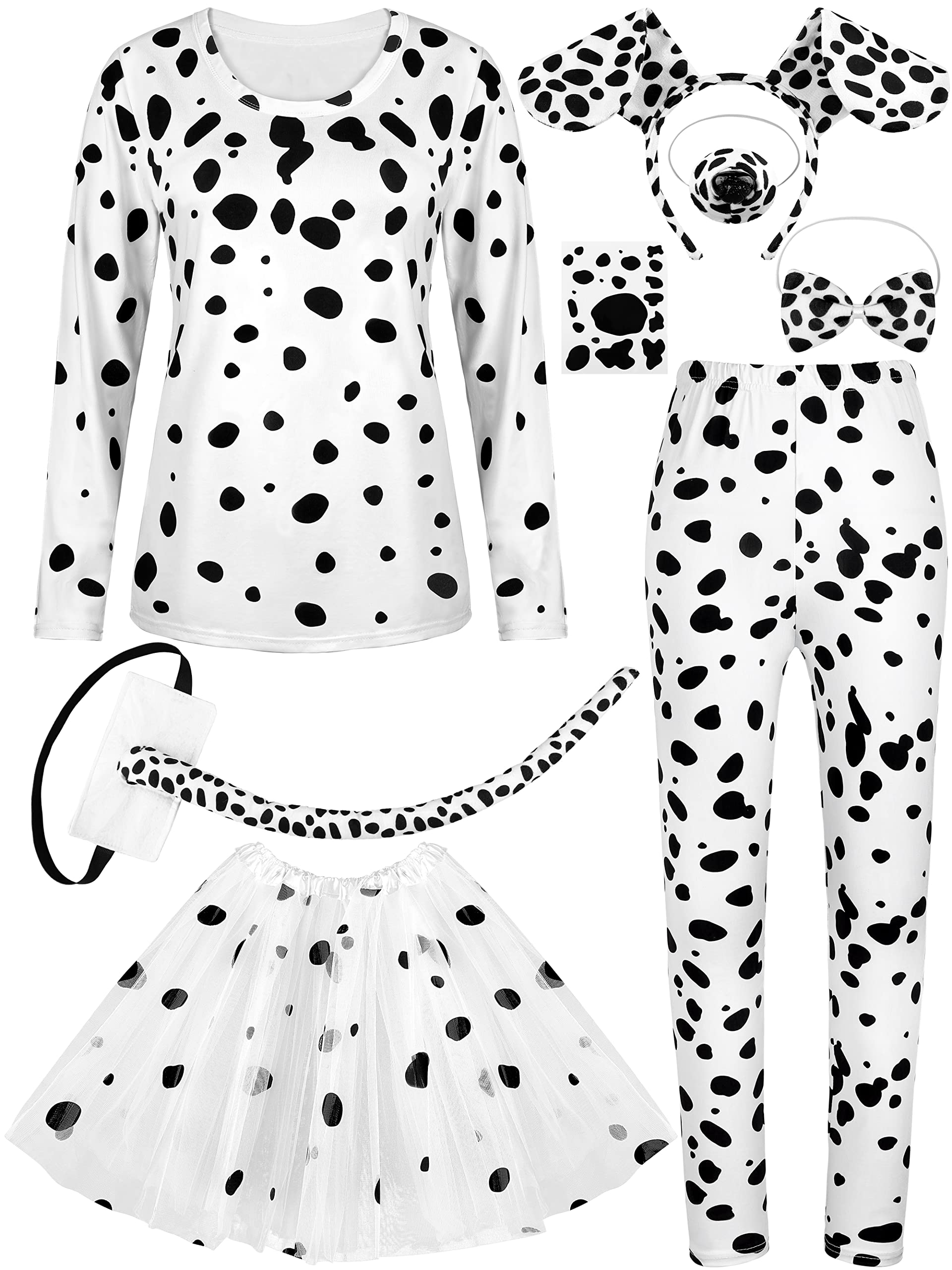 Photo 1 of SOMSOC 8 Pieces Halloween Women Dalmatian Dog Costume Set 100 Days Long Sleeve Pant Accessories for Halloween Cosplay