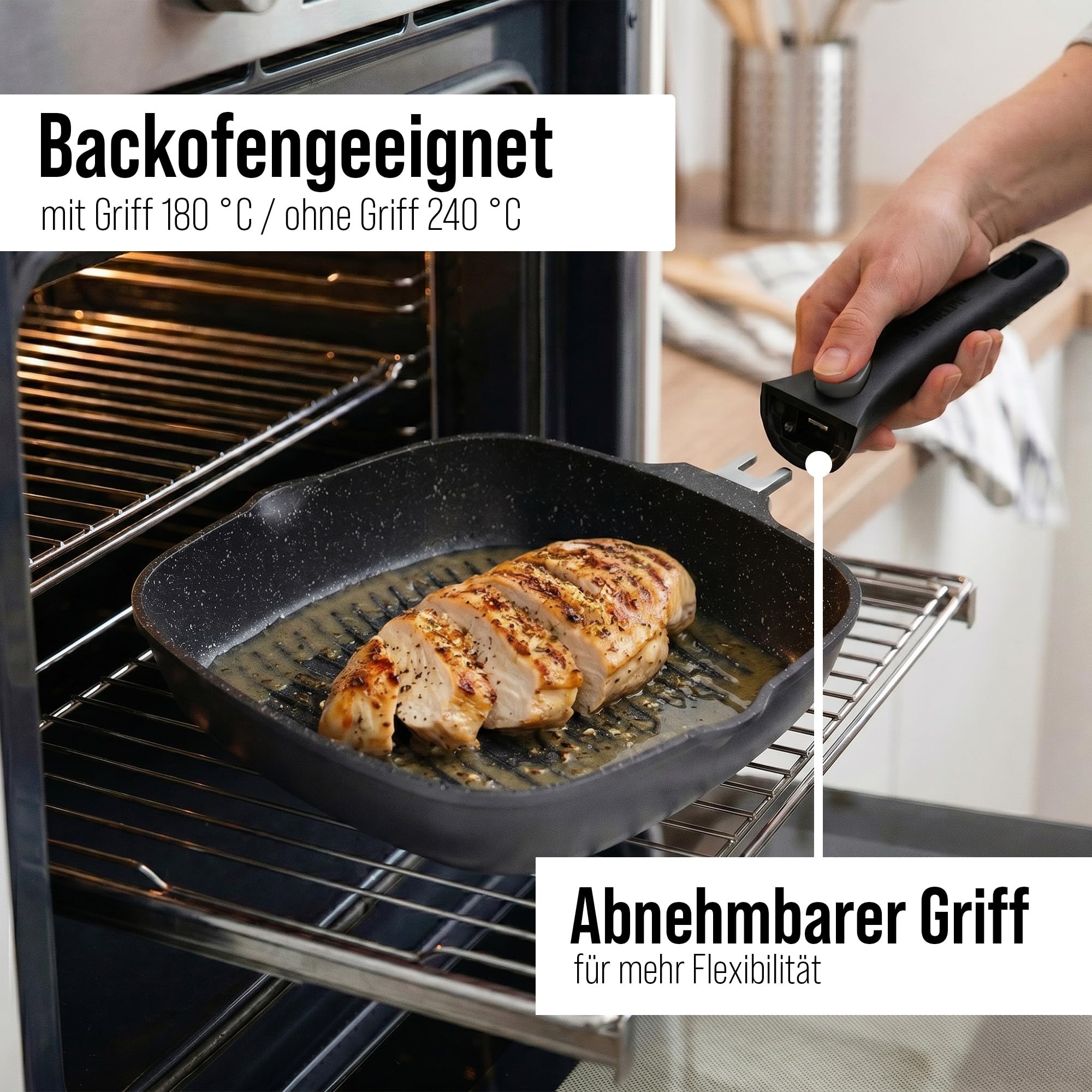 STONELINE SMART Grillpfanne 28 cm ☆ REDESIGN 25/26 ☆ Große Steak Pfanne Aluguss, Abnehmbarem Griff, Pfanne Induktion, Alle Herdarten, Antihaftbeschichtet mit echten Steinpartikeln, Grau 5