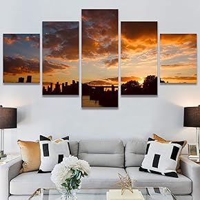 SIGNWIN 5 Panel Canvas Wall Art Cityscape Sunset...