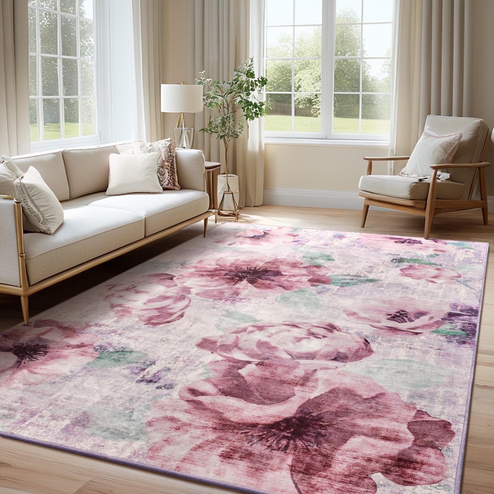 Photo 1 of Comeet Floral 5x7 Low Pile Washable Rug Living Room Area Rug, Boho Large Non Slip Soft Carpet for Bedroom, Indoor Stain Resistant Rug Throw Rugs for Kids Girls Dining Room Nursery Purple