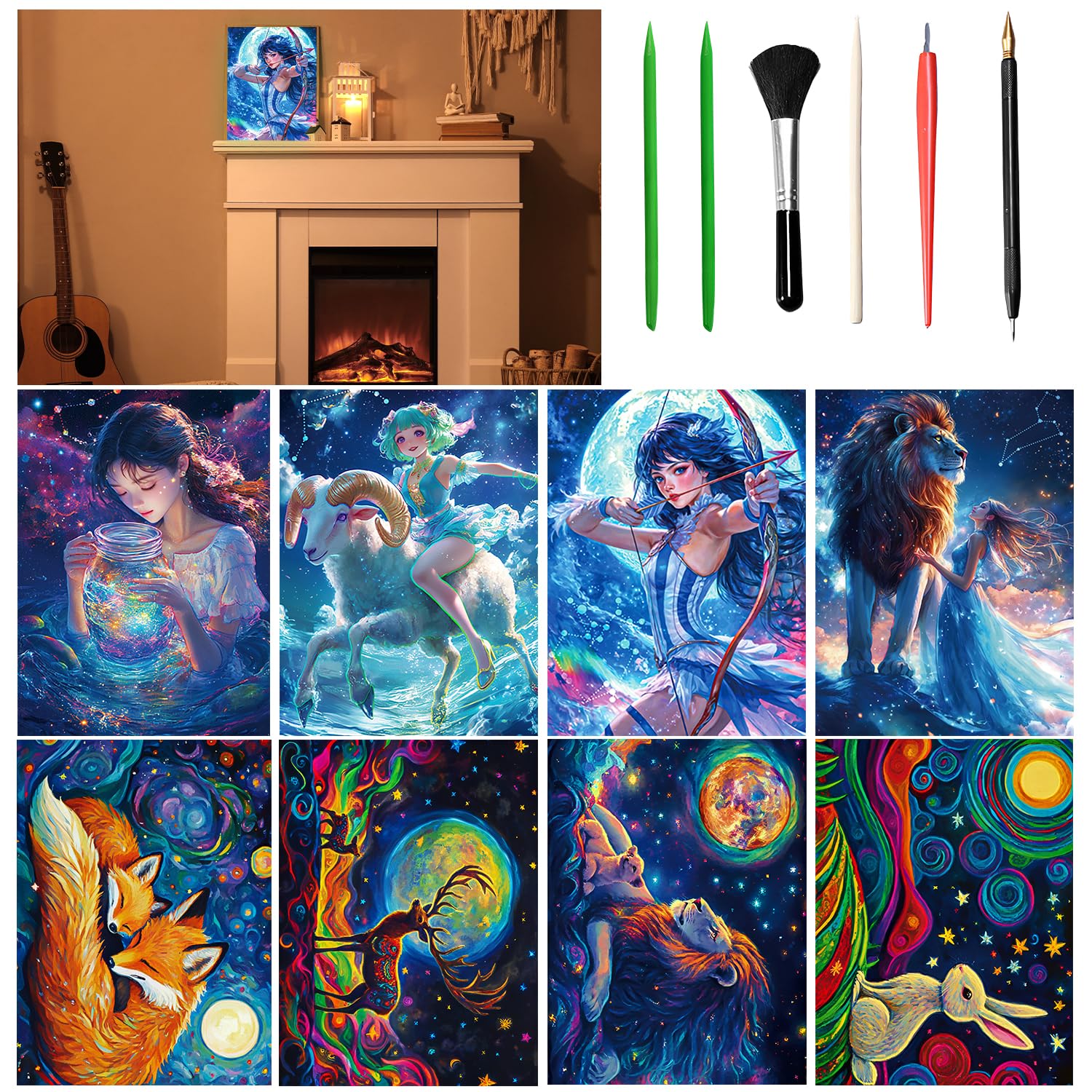 VLYX Scratch Art for Adults and Kids - 8-Piece Luminous Rainbow Scratch Notes Kit with Scratching Tools, Creative Art Supplies Children & Adults（Constellations & Star Beasts） — image 1