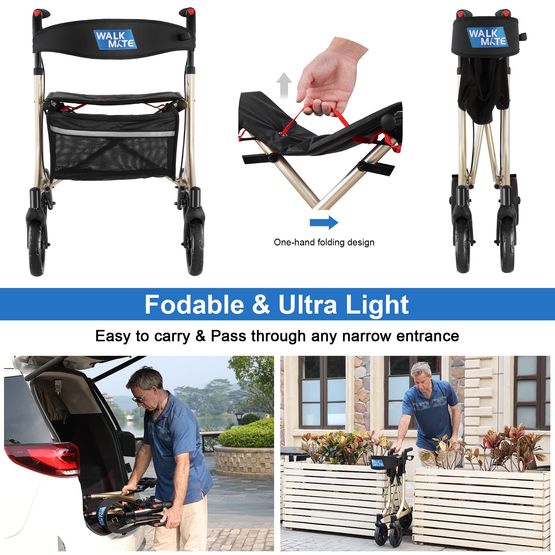 Rollator Walker for Seniors with Cup Holder, Upgraded Thumb Press Button for Height Adjustment, 4 x 8 Wheels Walker with Seat Padded Backrest Folding Lightweight Walking Aid, Gold