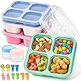 Bento Snack Boxes 4 Pack, Reusable Bento Boxes Kids Adults with 4 Compartments & Fork, Lunch Snack Containers, Wheat Straw Meal Prep Lunch Box, Divided Food Storage Containers for School Work Travel