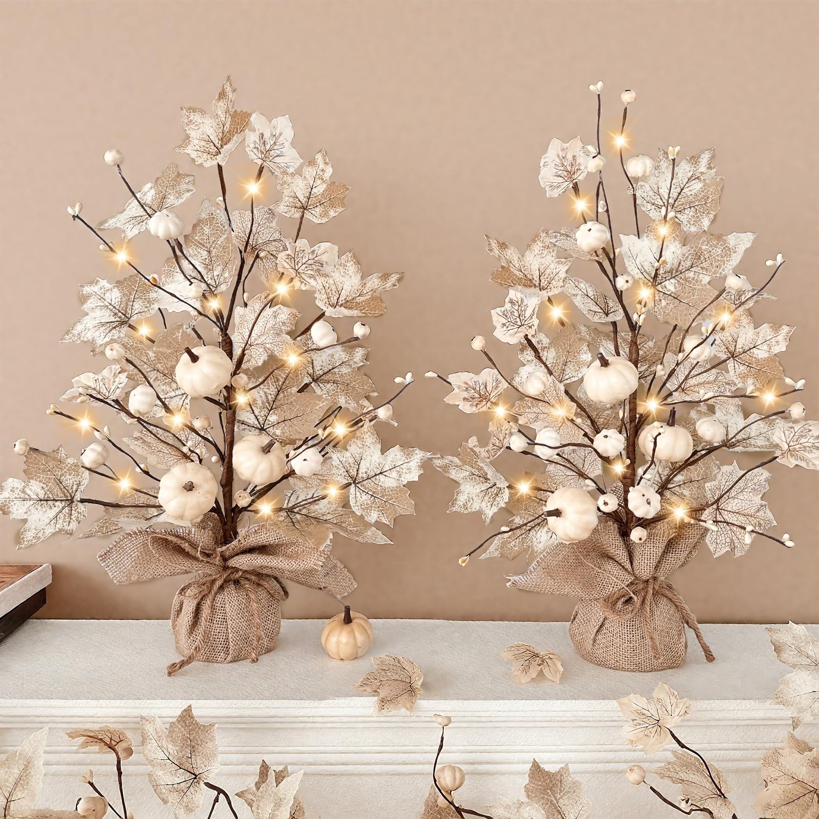 Photo 1 of Timer - 2 Pack 18 Inch Lighted Fall Maples Tree Fall Decor 40 LEDs Battery Operated Artificial Tabletop Tree Fall Decorations for Home with White Pumpkins Berries Thanksgiving Indoor Outdoor Home