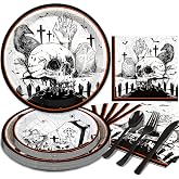 Gudvilla Halloween Plates and Napkins Set-Halloween Party Supplies, Spooky Skull Bats Spider Disposable Party Dinnerware Set for 24 Guests for Horror Themed Birthday Decorations Gothic Hallowen Decor