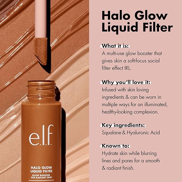E.L.F. HALO GLOW LIQUID FILTER, COMPLEXION BOOSTER FOR A GLOWING, SOFT-FOCUS LOOK, INFUSED WITH HYALURONIC ACID, VEGAN & CRUELTY-FREE, 5 MEDIUM/TAN