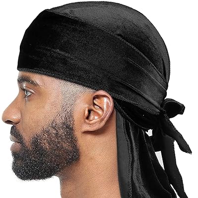 Velvet Durag for Men, Breathable Fabric Durags, Long Tail Headwraps Du rag for 360 Waves or Sleep (Black)