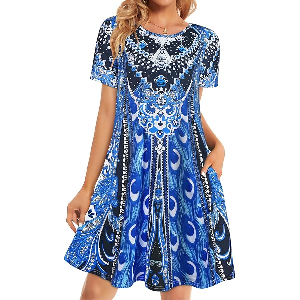 BELAROI Women's Plus Size Summer Sundress - Tie Dye Dark Blue V-Neck Swing Dress With Pockets (2XL)