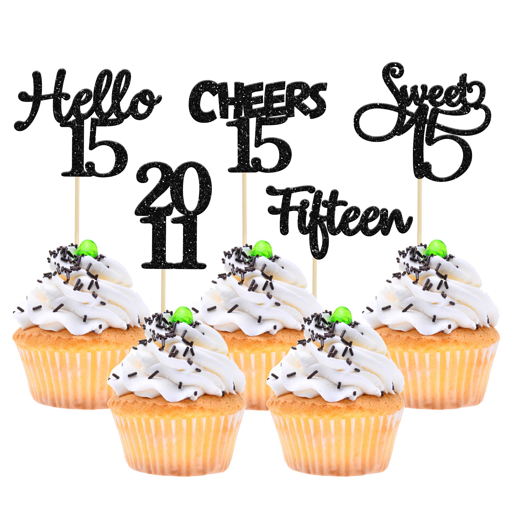 Gyufise 30 Pack Black Glitter 15th Birthday Cupcake Toppers Hello Sweet Cheers to 15 Fifteen Since 2011 Cupcake Picks for 15th Birthday Party Cake Decorations Supplies