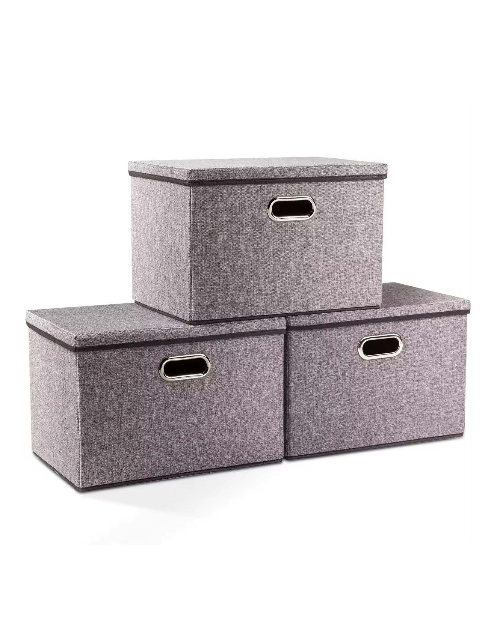 Photo 1 of 3 Pack Collapsible storage bins with lid. Foldable Storage bins for shelves, closet, office bedroom, or nursery. Containers made with linen fabric and stainless steel handles for organizing.
