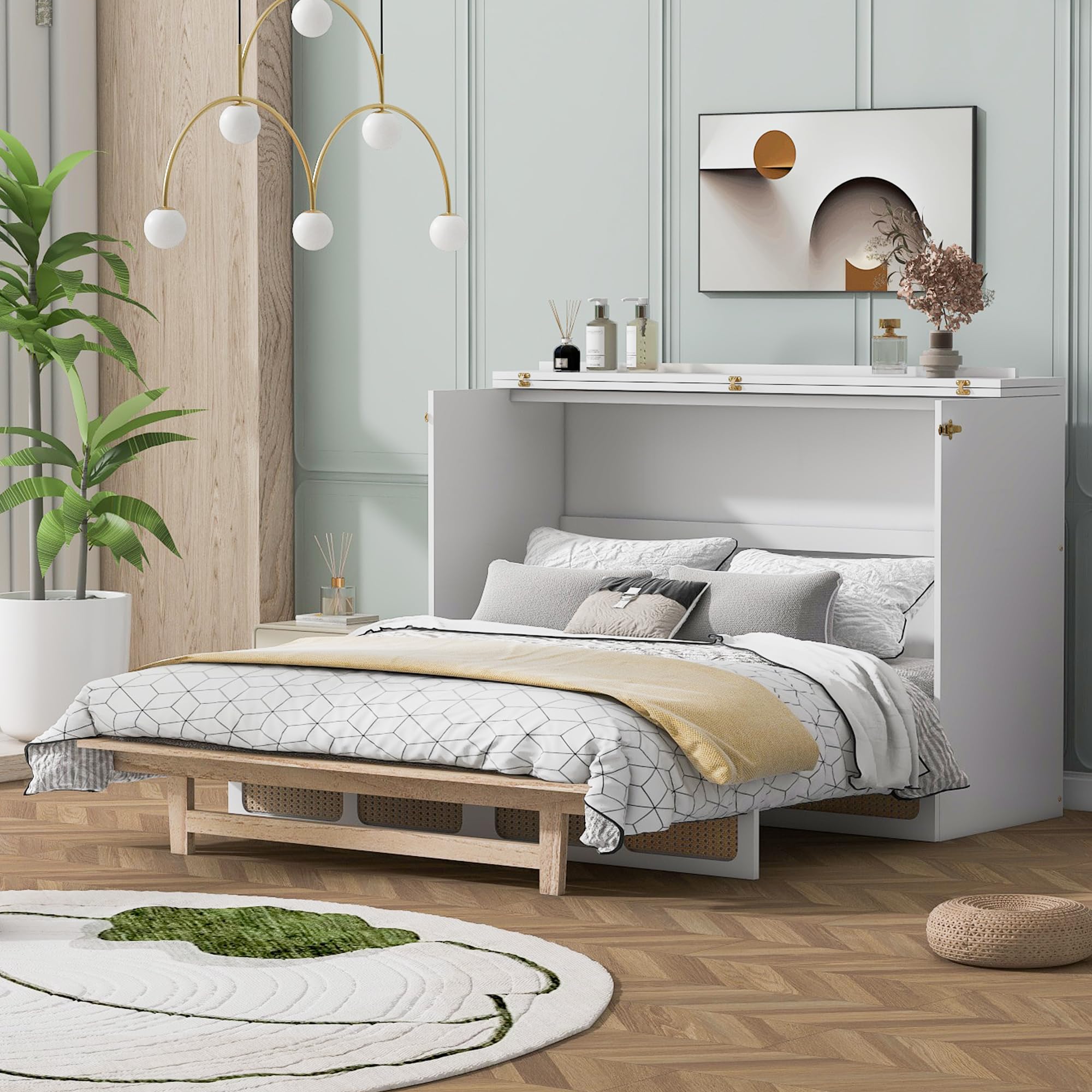 Photo 1 of [Missing Manual] Yopto Murphy Bed Queen Size,Folding Wall Bed Cabinet w/Rattan Design,Hidden Platform Bed w/Drawers & USB,Space-Savvy Bed Frame for Multiple Rooms,White