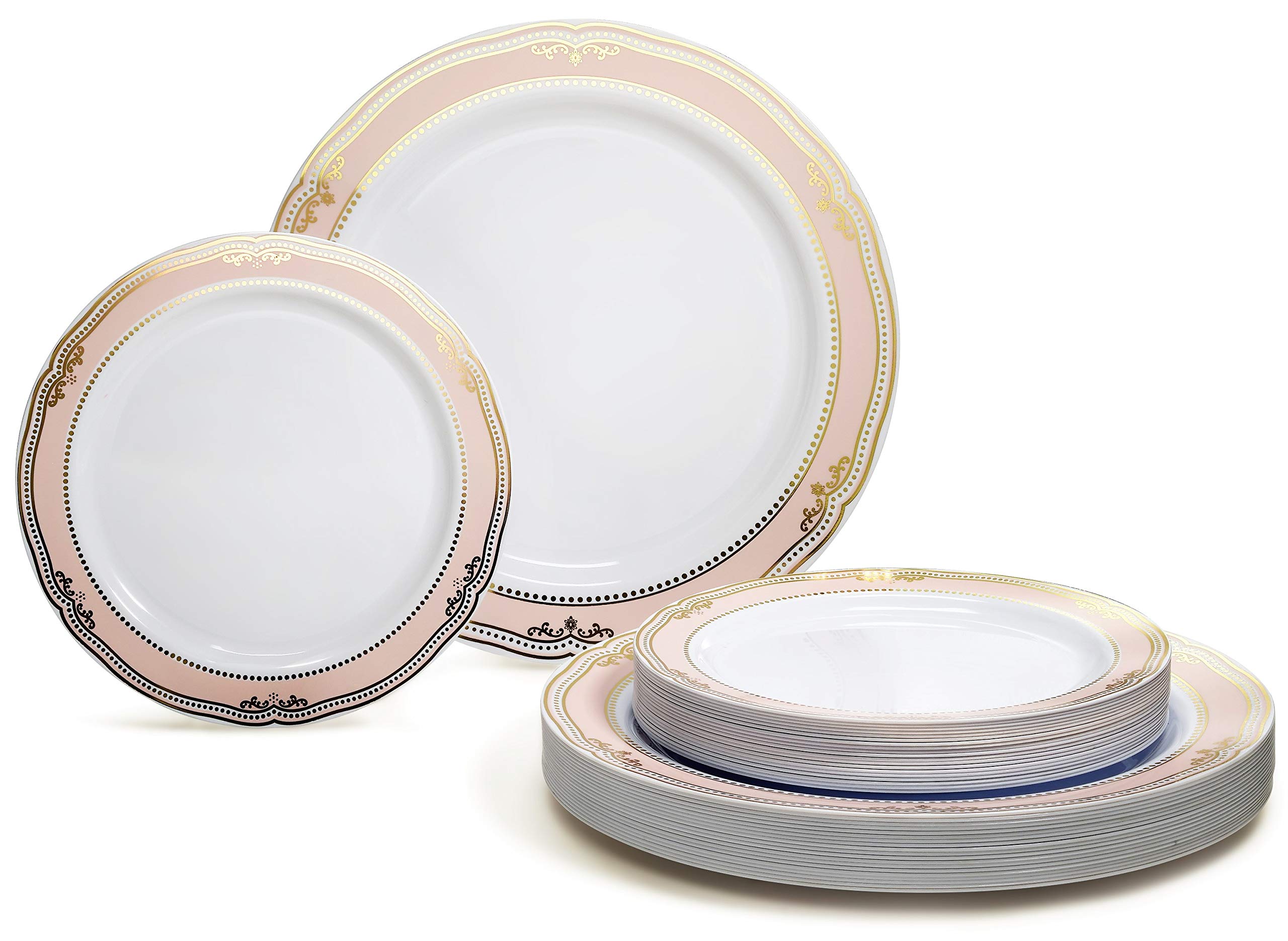 Photo 1 of " OCCASIONS " 50 Plates Pack (25 Guests)-Wedding Party Disposable Plastic Plate Set -25 x 10.25'' Dinner + 25 x 7.5'' Salad & Dessert plates (Scalloped in White/Blush & Gold)