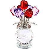 KRISININE 2.8‘’*4.7‘’ Crystal Rose Bouquet Flower Figurine Pink Purple and Red Flower Ornaments Valentine's Day Gift for Lover