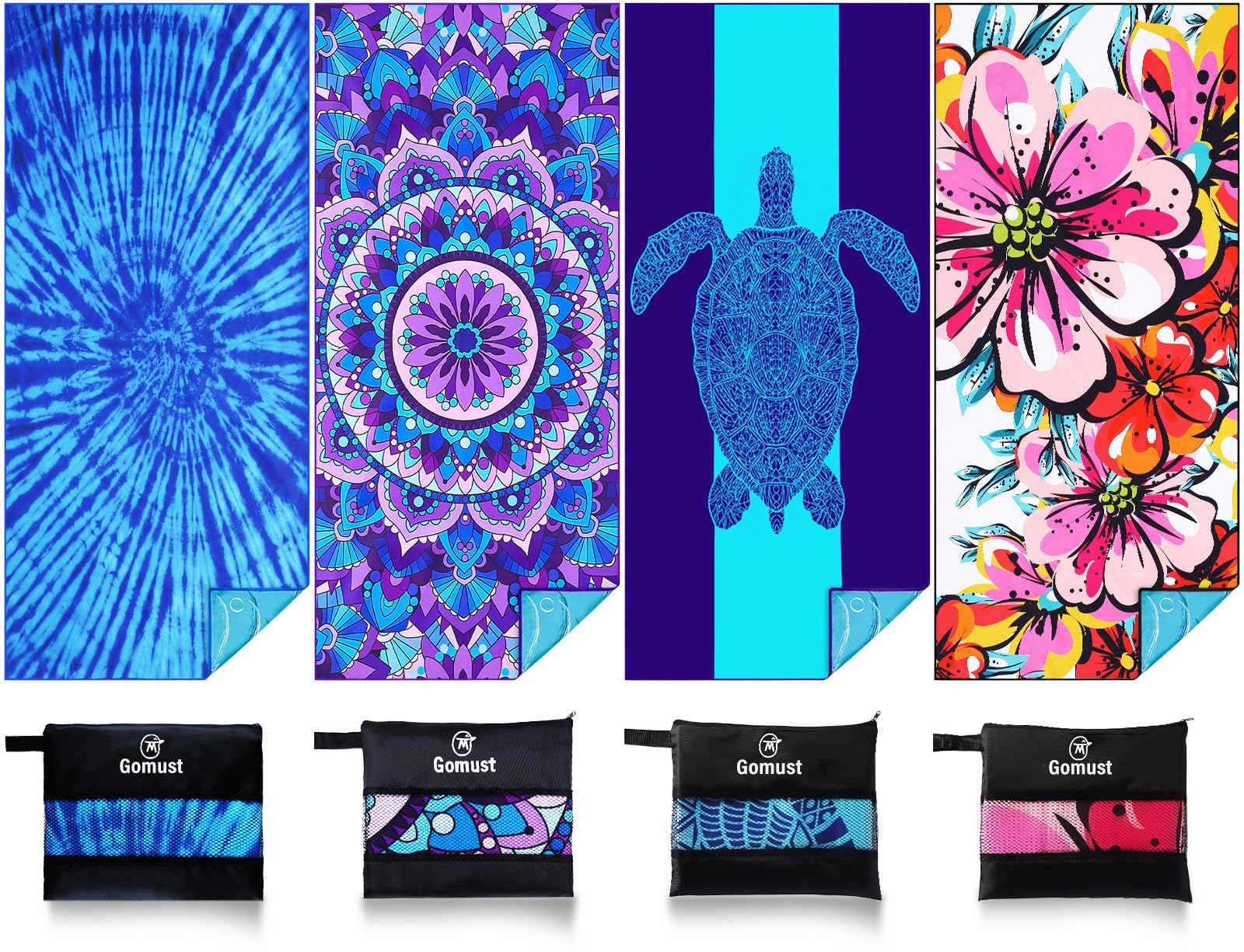 Photo 1 of 4 Pack Lightweight Thin Beach Towel Oversized 71"x32" Big Extra Large Microfiber Sand Free Towels for Adult Quick Dry Travel Camping Beach Accessories Vacation Gift Turtle Tie Dye Mandala Flower