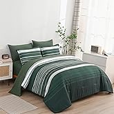 KAKIJUMN 7 Piece Bed in a Bag Stripe Comforter Set Full Size, White Grey Green Patchwork Striped Comforter and Sheet Set, All Season Soft Microfiber Complete Bedding Sets(Dark Green,Full)