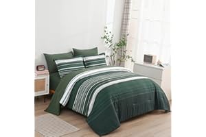 KAKIJUMN 5 Piece Bed in a Bag Stripe Comforter Set Twin Size, White Grey Green Patchwork Striped Comforter and Sheet Set, All Season Soft Microfiber Complete Bedding Sets(Dark Green,Twin)