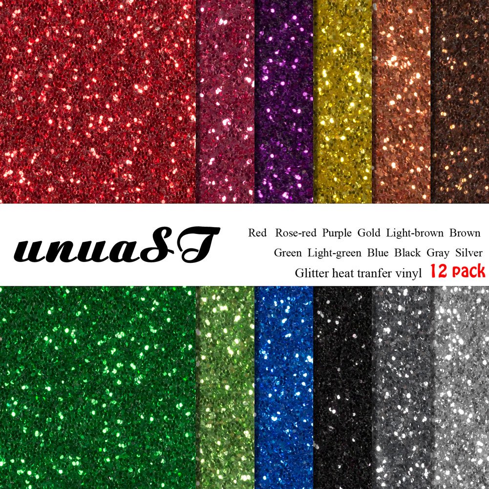 Glitter Heat Transfer Vinyl Bundle for T-shirts DIY-12 Sheets 10 x 10 inches |Premium Iron On HTV Bundle for Silhouette Cameo & Cricut Machines, One Free Easy Weed Tweezers