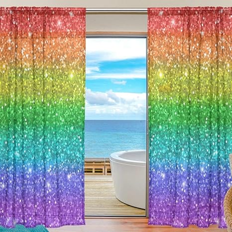 Lqqbstorage Window Sheer Curtain Multicolored Rainbow Glitter