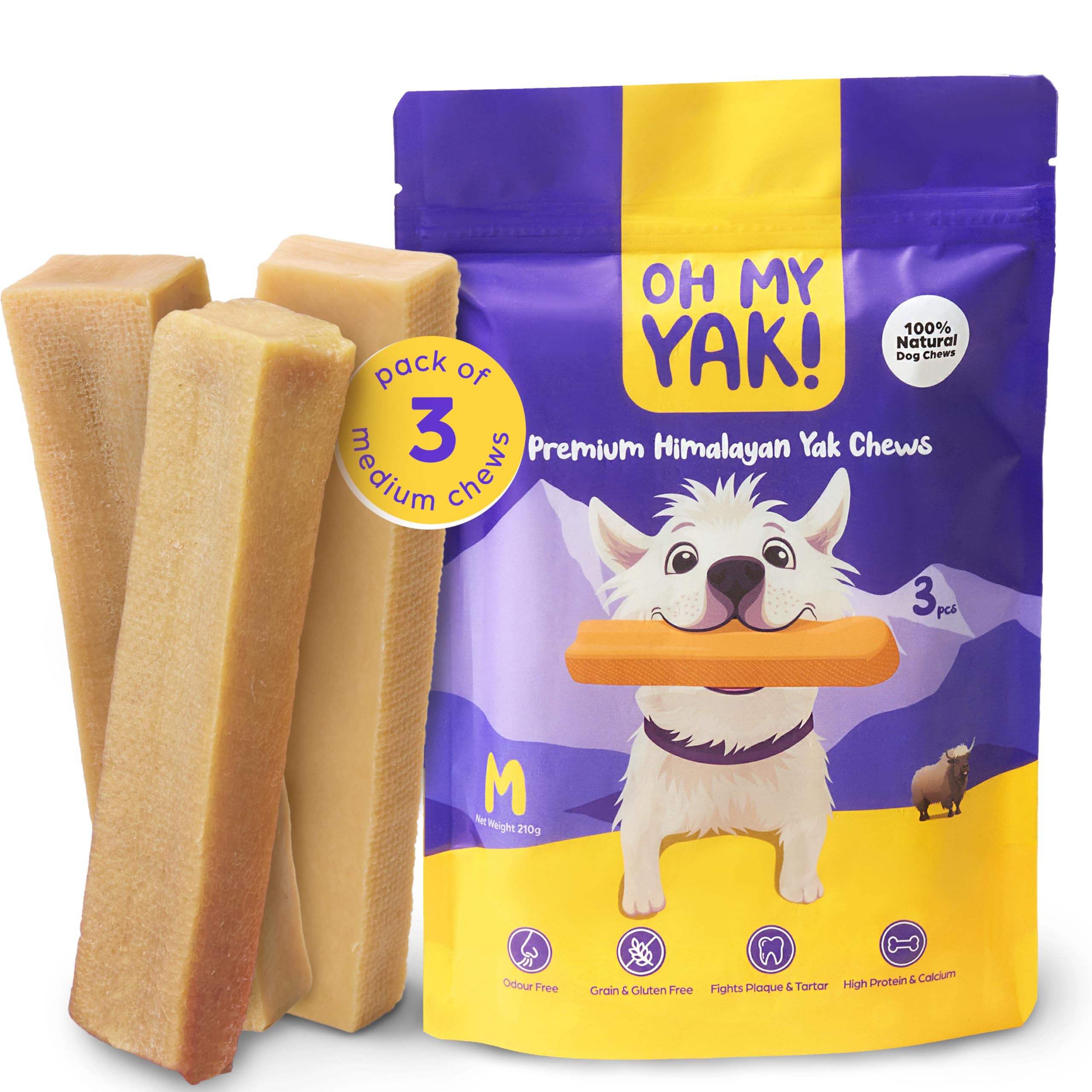 Oh My Yak Premium Yak Chews for Dogs Medium (Pack of 3) 210g, Dog Chews Long Lasting Natural, Yak Milk Dental sticks, Natural Dog Chews, Long Lasting Dog Chew, Yak Milk Dog Chew, Yak Bars