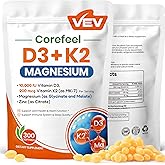 VEV Corefeel Vitamin D3 K2 10,000 IU Magnesium Supplement, 300 Softgels | Vitamin K2 as MK-7, Coconut Oil, Magnesium Glycinate &amp; Malate, Zinc Citrate