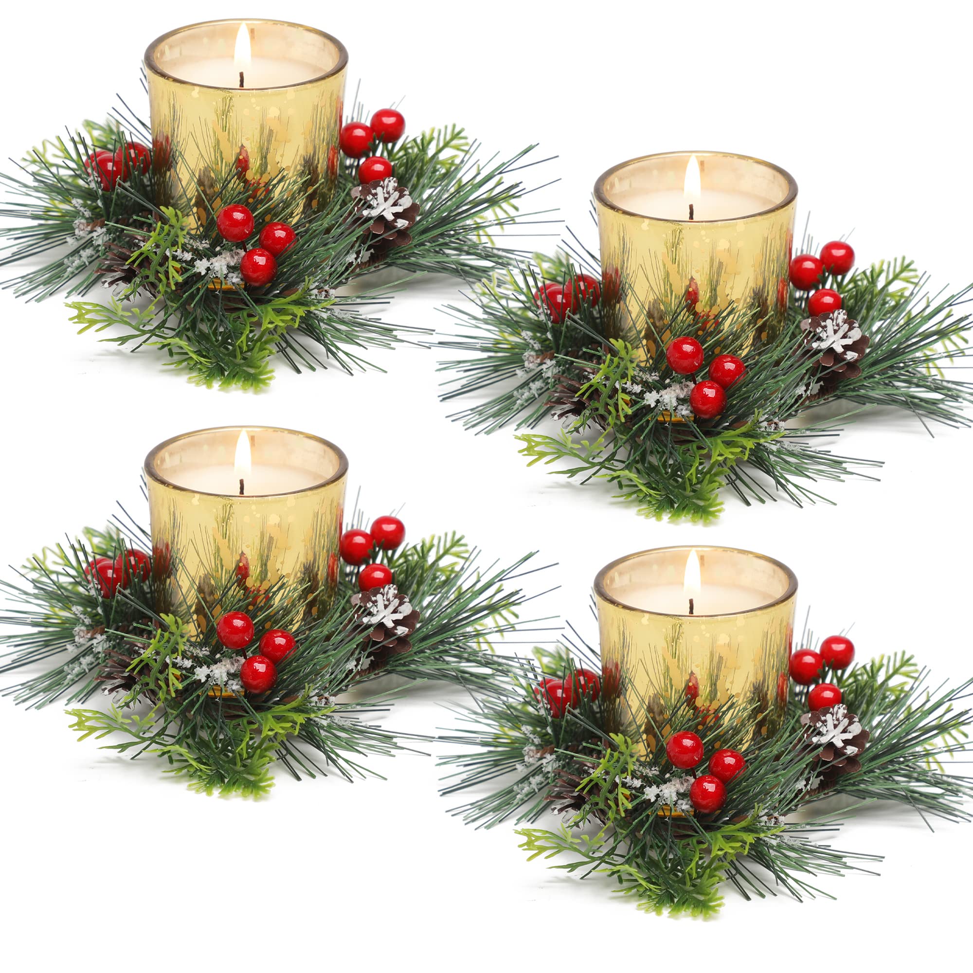 Christmas Candle Ring, Votive Candles with Red Berry and Pinecone Xmas Candle Ring Wreath with Candle Holders Christmas Table Centrepiece Decoration Set of 4 Gold