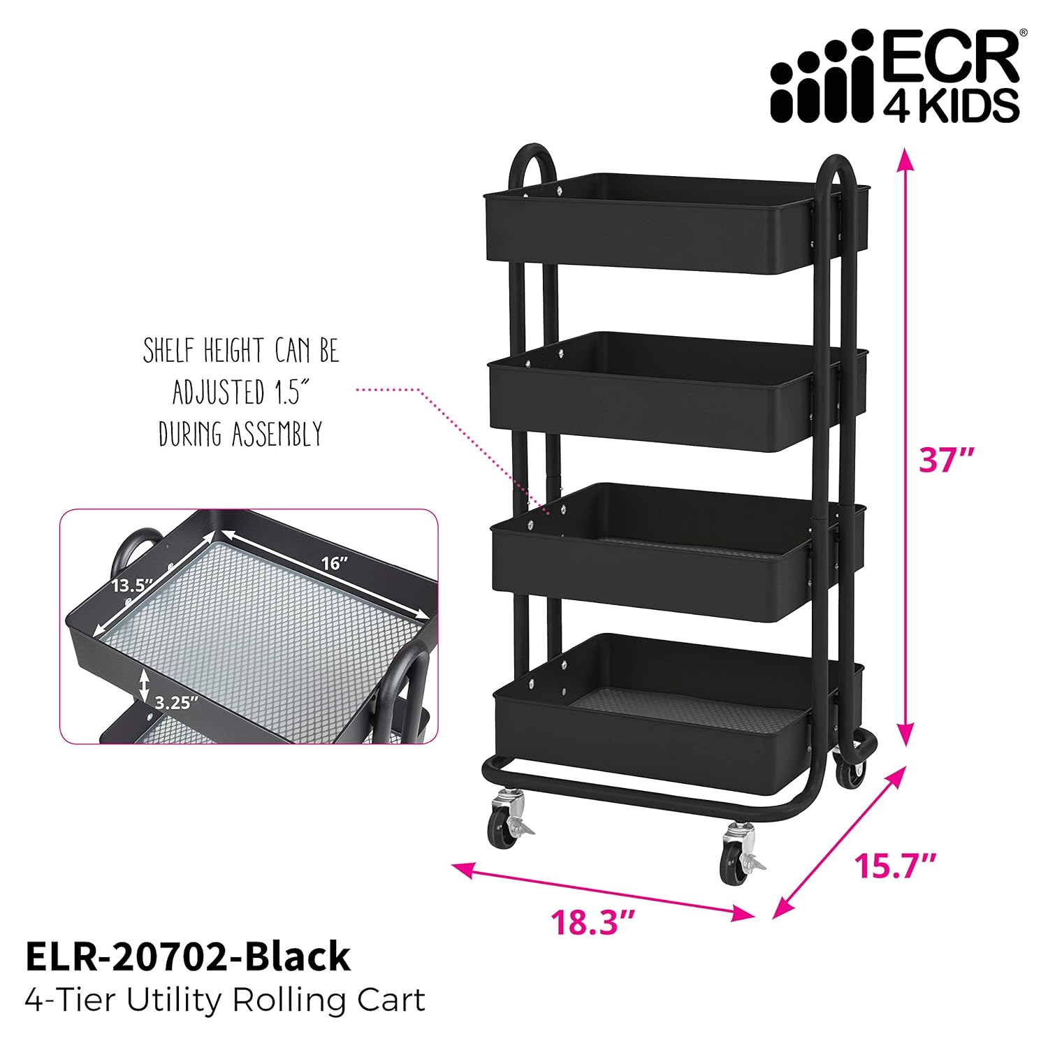 ECR4Kids 4-Tier Metal Rolling Utility Cart - Heavy Duty Mobile Storage Organizer, Black: Industrial & Scientific