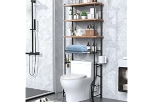 DATAROAD SELEAD Over-The-Toilet Storage Shelves, 4-Tier Bathroom Organizer Shelf Over Toilet with Adjustable Feet Pad and Basket, Freestanding Space Saver Bathroom Storage Rack Above Toilet (Vintage Brown)