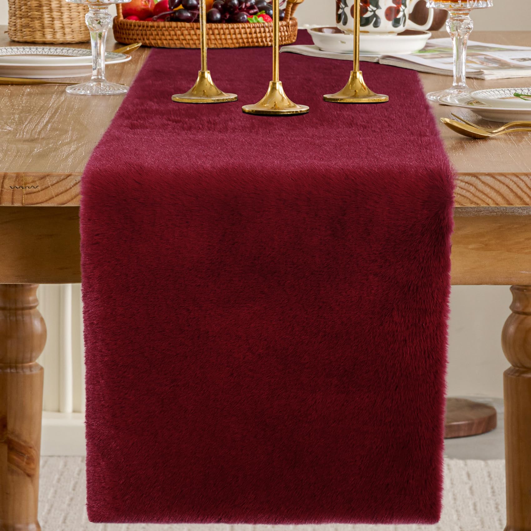 Photo 1 of ***CORRECT*** duduta Burgundy Faux Fur Dresser Runner, Soft Fluffy Coffee Table Runner Nightstand Cover Holiday Christmas Decor 11.8 in x 31.5 in