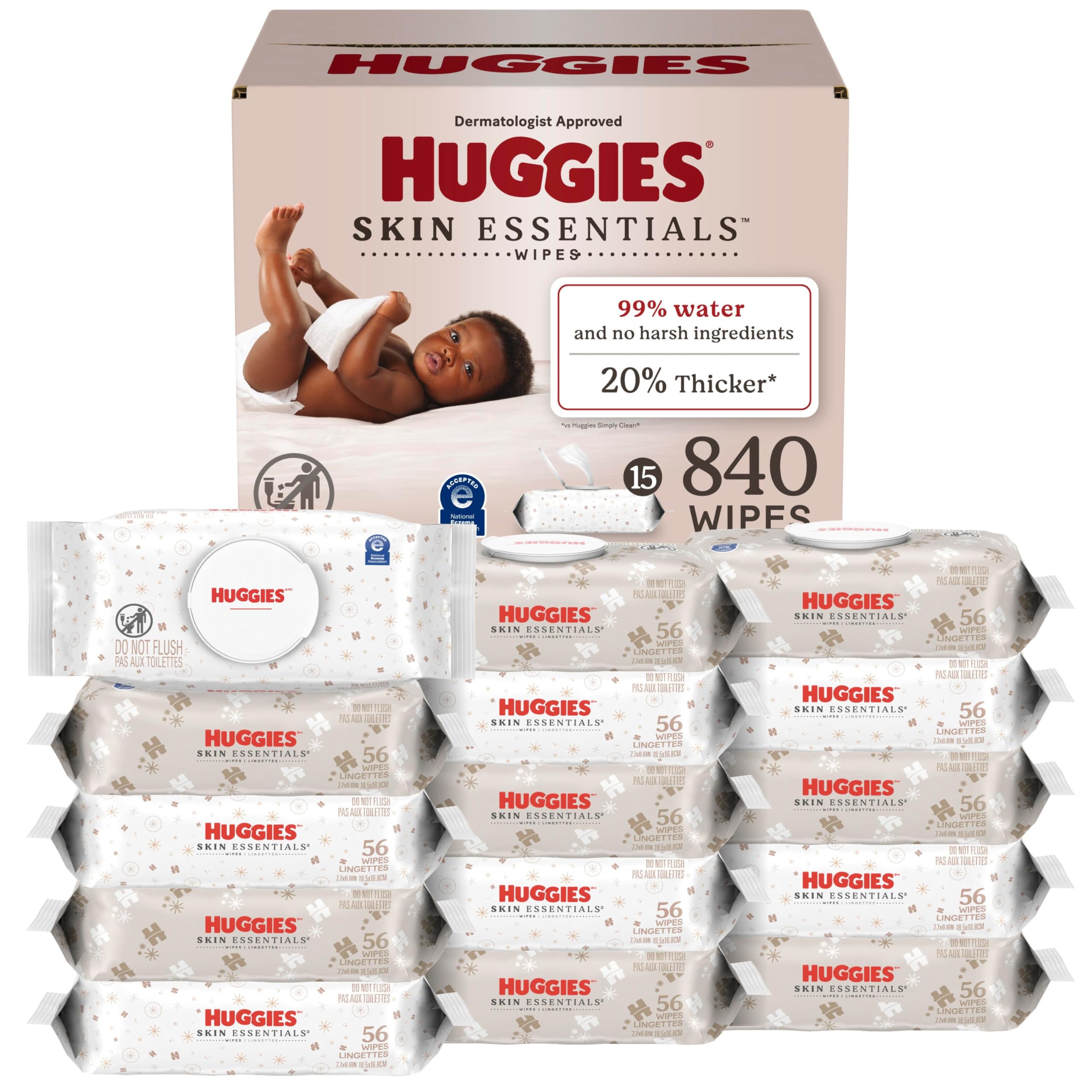 Huggies Skin Essentials Baby Wipes, Hypoallergenic, 99% Water, 15 Flip Top Packs (840 Wipes Total) Image
